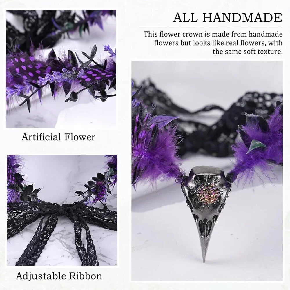 Gothic Witch Headpiece Feather Crown for Women Renaissance Halloween Elf